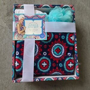 Deluxe Plush 3-Piece Spa Set Blue‎ Mandala Towel Wrap Hair Twist Loofah New